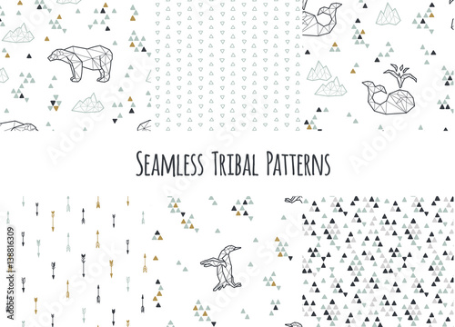 Set of navajo tribal patterns with low poly penguins, polar bears and whales.