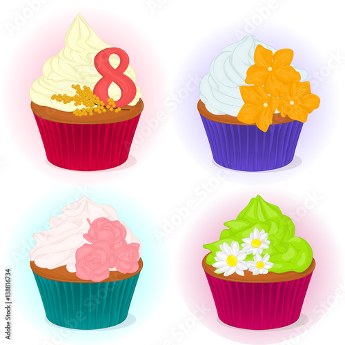 Set of four different yummy cupcake for International Women's day with flowers for your design in cartoon style. Vector illustration. Holiday Collection.
