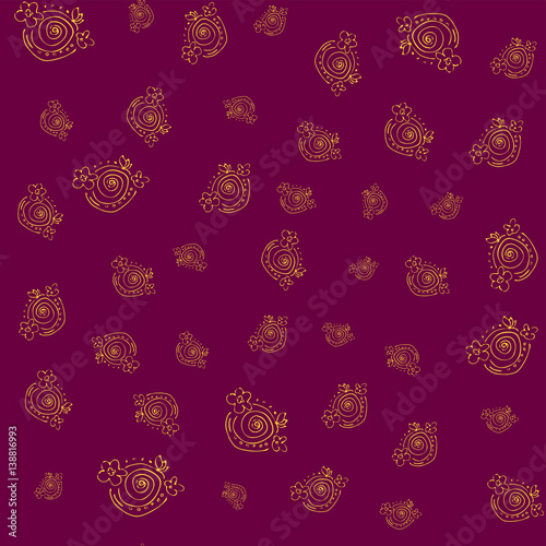 seamless floral pattern with handdrawn elements. gold on dark red background. vector illustration.