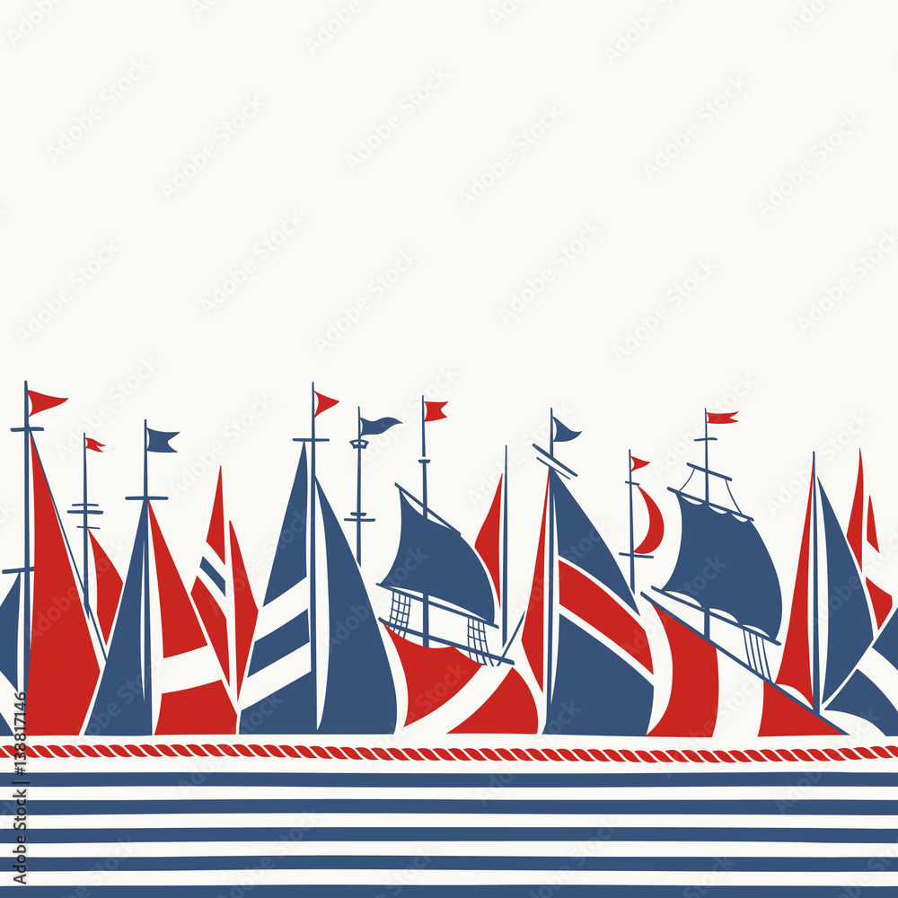 Obraz premium Retro Border with Sailing Ships. Seamless hand drawn Pattern
