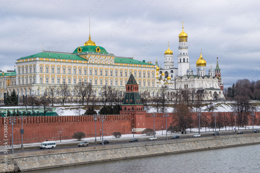 View of The Grand Kremlin Palace from Bolshoy Kamenny Bridge (Greater Stone Bridge) in Moscow, Russia