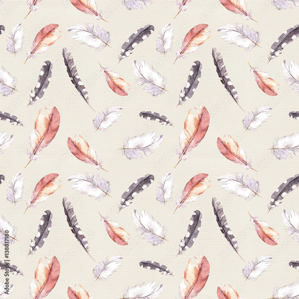 Bird feathers. Repeating pattern. Vintage water color