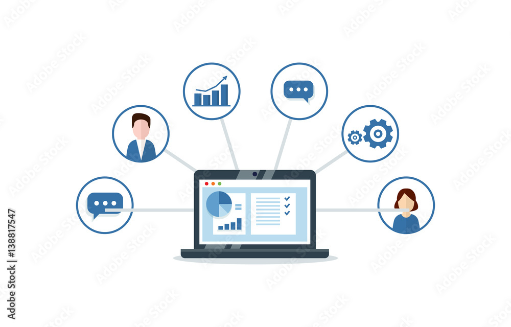 Organization of data on work with clients, CRM concept. Customer Relationship Management vector illustration.