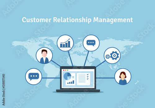 Organization of data on work with clients, CRM concept. Customer Relationship Management vector illustration.