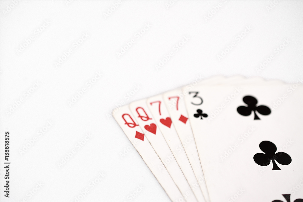Poker hand ranking, symbol set Playing cards in casino: two pairs, queen, seven on white background, luck abstract Poker hand ranking, symbol set Playing cards in casino: two pairs, queen, seven on white background, luck abstract