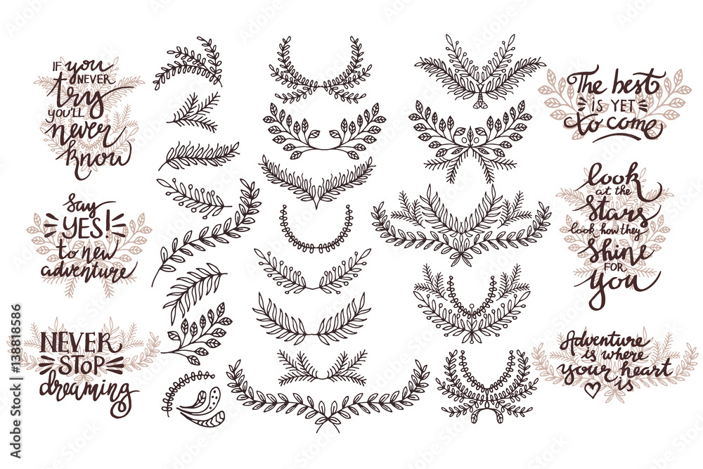 Vector set of design elements. Thematic phrases. Hand drawing. - obrazy, fototapety, plakaty 