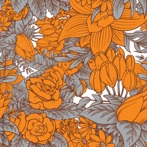 Vector seamless floral pattern with beautiful various orange flowers with green leaves on a white background. Wallpaper, background, wrapping paper. Color image. Vector illustration.