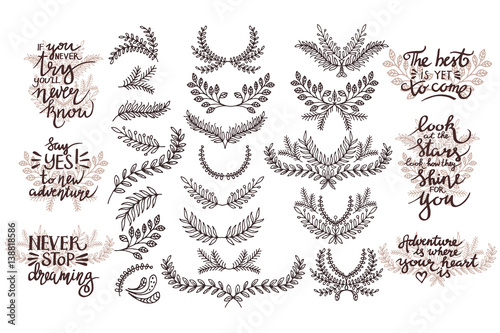 Vector set of design elements. Thematic phrases. Hand drawing.