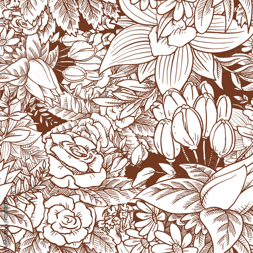 Vector seamless floral pattern with beautiful various white flowers with leaves on a dark background. Wallpaper, background, wrapping paper. Made in monochrome style. Line art. Vector illustration.