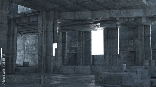 Abstract industrial concrete space with columns, 3 d render