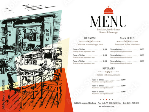 Restaurant menu design. Vector menu brochure template for cafe, coffee house, restaurant, bar. Food and drinks logotype symbol design. With a sketch pictures