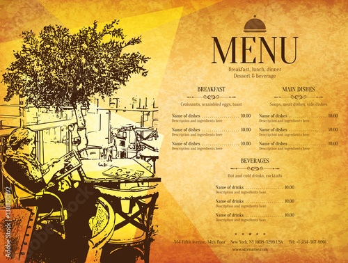 Restaurant menu design. Vector menu brochure template for cafe, coffee house, restaurant, bar. Food and drinks logotype symbol design. With a sketch pictures