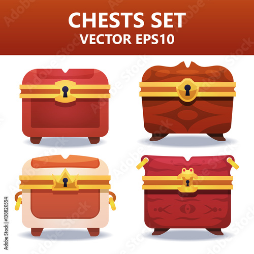 Colorful vector chests set. Assets set for game design and web application.