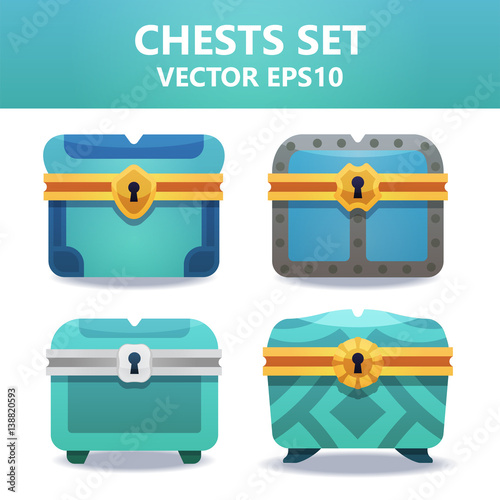 Colorful vector chests set. Assets set for game design and web application.