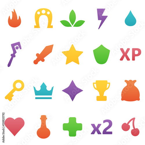 Colorful vector gaming icons set. Assets set for game design and web application.