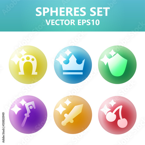 Colorful vector spheres set with symbols inside. Assets set for game design and web application.