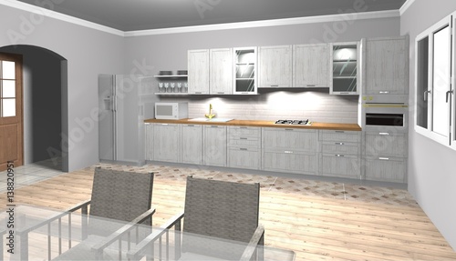 white kitchen 3D rendering interior design with wooden top