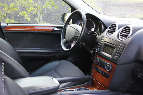  Car interior luxury service. Car interior details. View of the interior of a modern automobile showing the dashboard