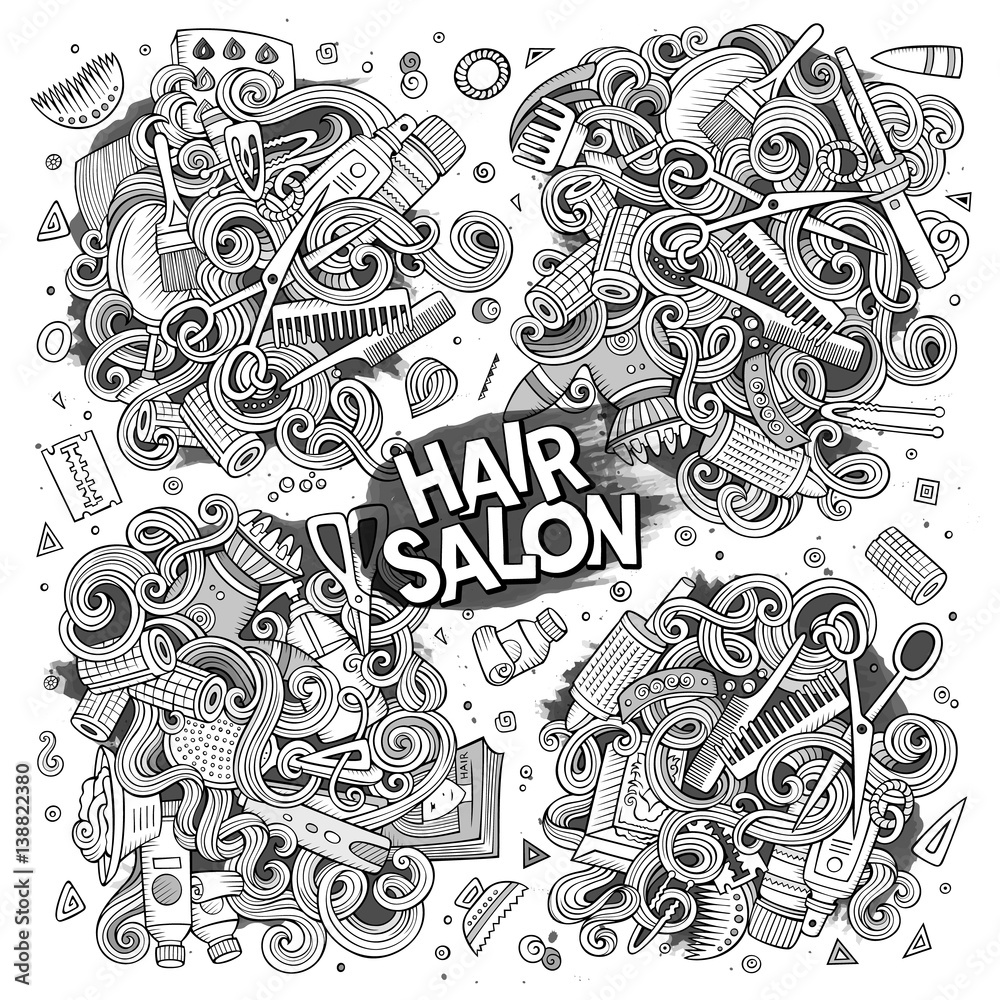 Vector cartoon set of doodle Hair salon designs