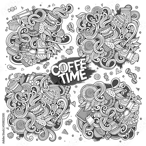 Vector doodle cartoon set of tea and coffe designs © balabolka