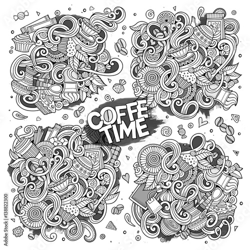 Vector doodle cartoon set of tea and coffe designs