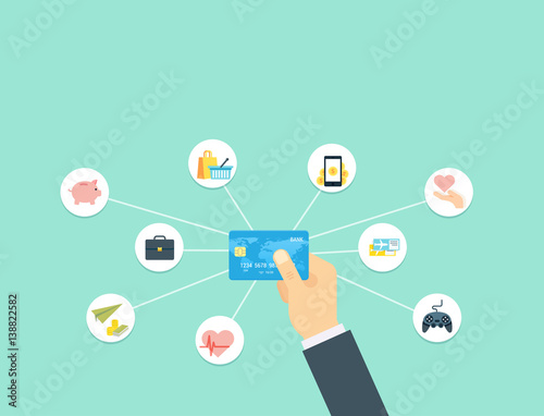 Hand holding blue Credit Card. Payment concept. Flat icons of online shopping, money transfers, money-box, games, charity, business.