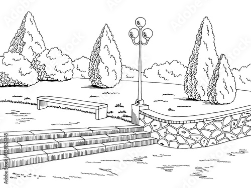 Park graphic black white bench lamp landscape sketch illustration vector