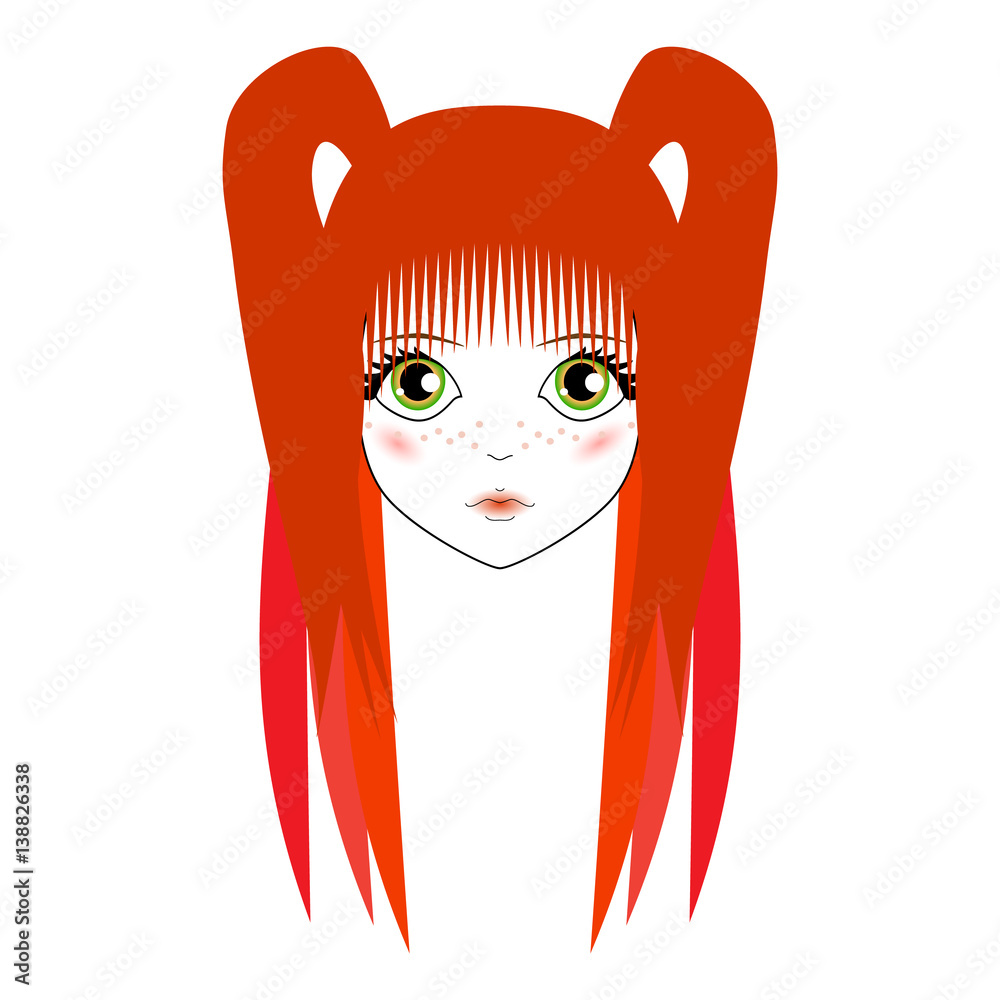 kawaii women's sad face with big green eyes Anime and red hair with fringe  Stock Vector | Adobe Stock