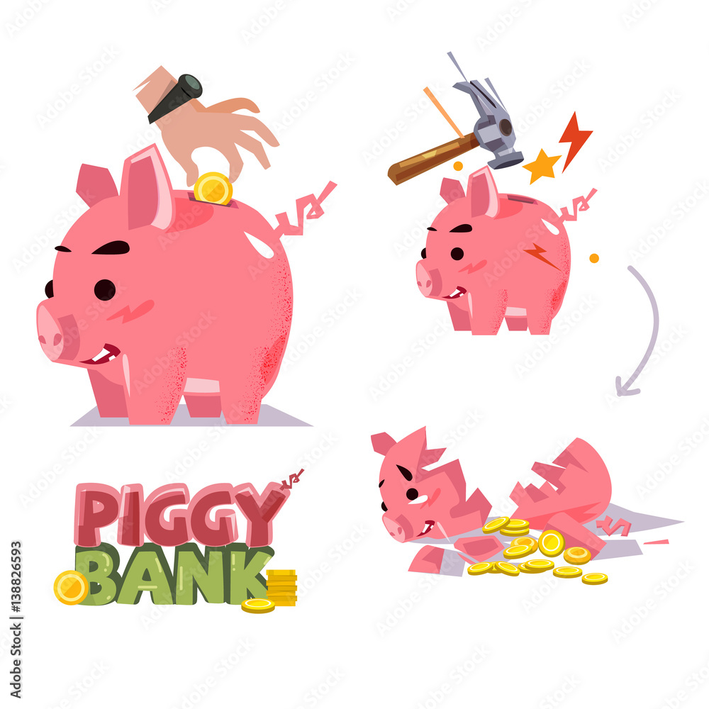 Piggy bank in various action. inserting coin. smash with hammer. broken  piggy bank - vector Stock Vector | Adobe Stock
