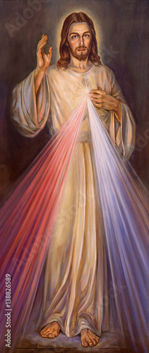BERLIN, GERMANY, FEBRUARY - 15, 2017: The painting of traditional Divine Mercy of Jesus in church Rosenkranz Basilica by unknown artist of 20. cent..