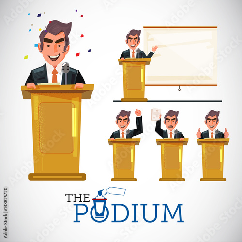 smart man speaking on podium in various action. character design. public speech concept set - vector