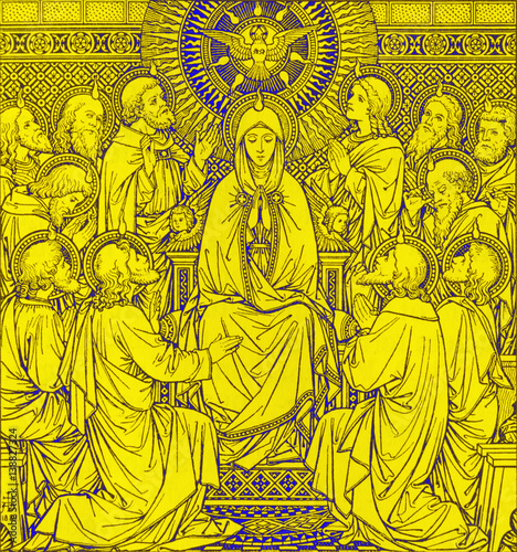 BRATISLAVA, SLOVAKIA, NOVEMBER - 21, 2016: The lithography of The Pentecost in Missale Romanum by unknown artist with the initials F.M.S (1889) and printed by Typis Friderici Pustet.