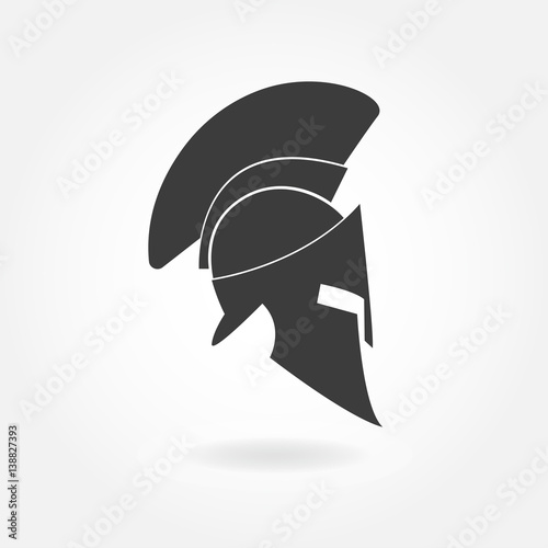 Spartan helmet icon. Ancient Roman or Greek helmet with feathered crest. Metal helmet for head protection soldiers of the legions. Vector illustration.
