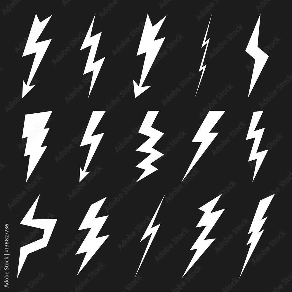 Lightning icon set. Electricity thunder and danger symbol. Lightning strike, Flash and arrow black icons. Storm lightning silhouettes. Vector illustration.