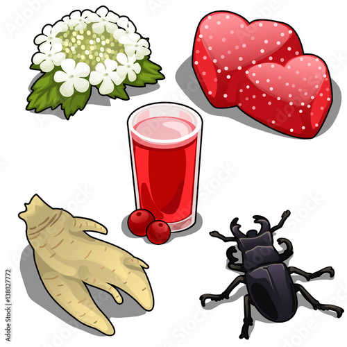 Spring wreath, juice, jellies, root and beetle