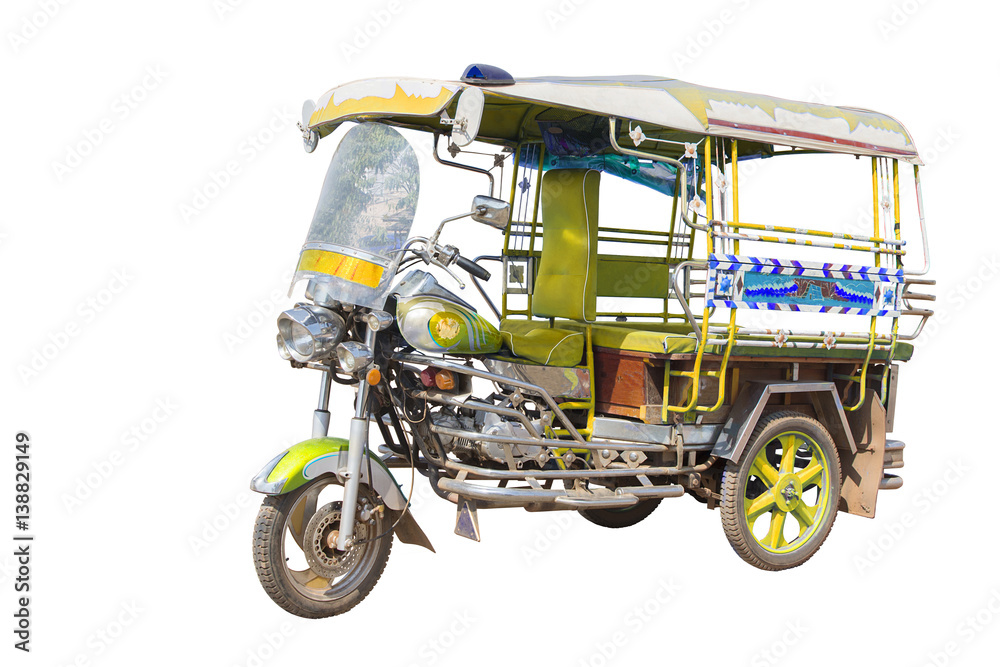 A three-wheeled taxi cab isolated on white background with clipping path. A three-wheeled taxi cab isolated on white background with clipping path.