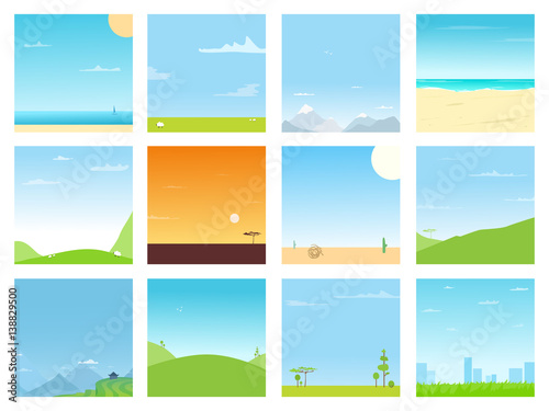 Set of different bright landscapes pictures. Nature simple backgrounds collection design. Seaside, mountains, hills, savannah, city, field view with clear skies.