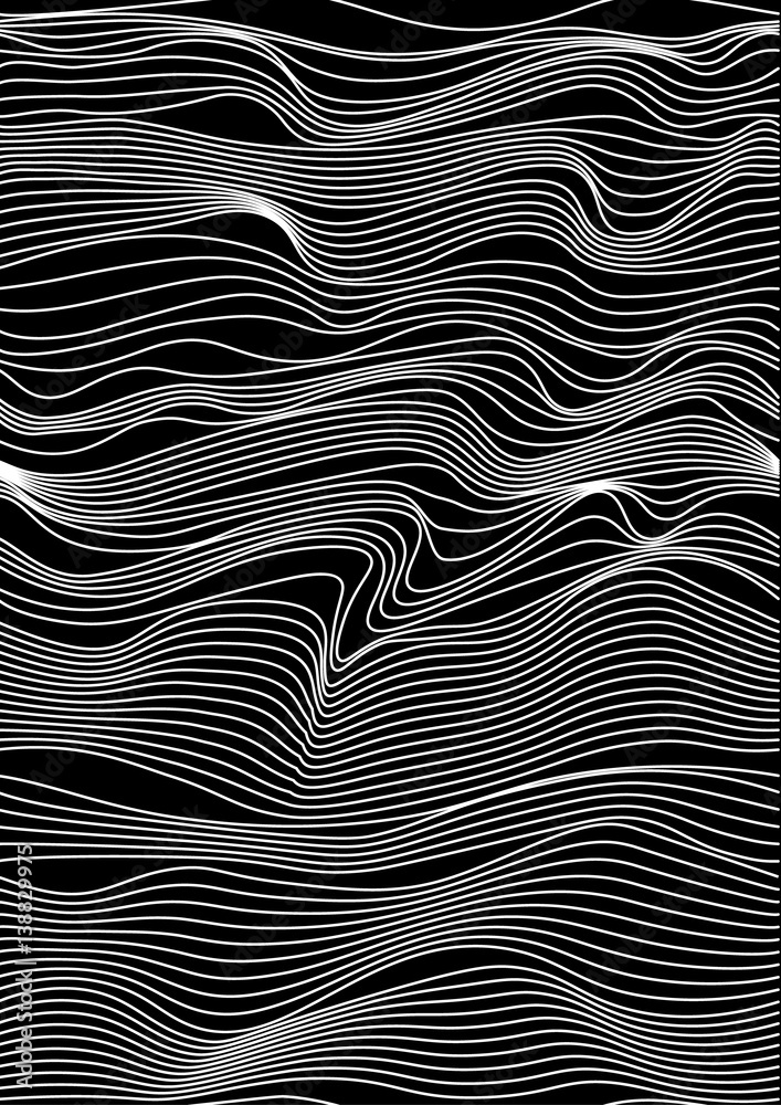 Abstract vector seamless moire pattern with waving curling lines. Monochrome graphic black and white ornament. Striped repeating texture.