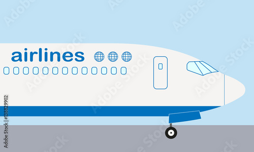 Airplane nose. Airplane side view. Passenger plane or aircraft flat vector illustration.