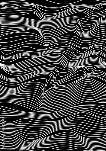 Abstract vector seamless moire pattern with waving curling lines. Monochrome graphic black and white ornament. Striped repeating texture.