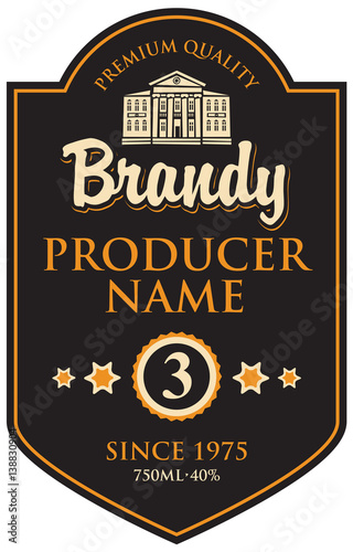 black label for brandy in frame with building in retro style