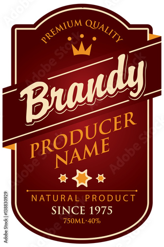 label in curly frame for brandy with ribbon and crown in retro style