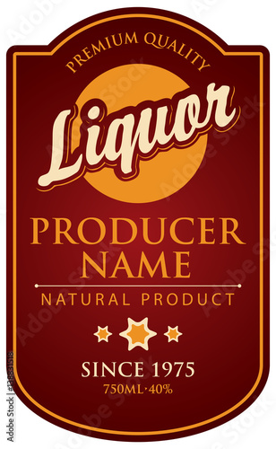 Vector label in curly frame for liqueur on burgundy background in retro style