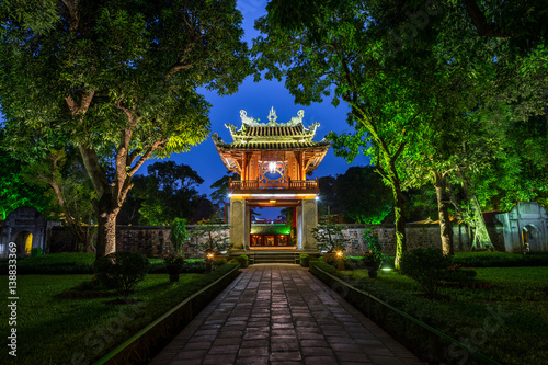Khue Van Cac ( Stelae of Doctors ) in Temple of Literature ( Van Mieu ) at night. The temple hosts the "Imperial Academy", Vietnam's first national university, was built in 1070