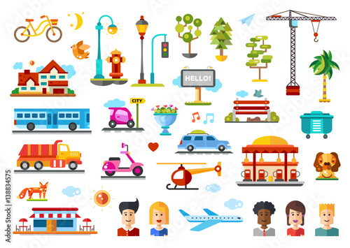 Urban objects vector illustrative icon set with infographic elements