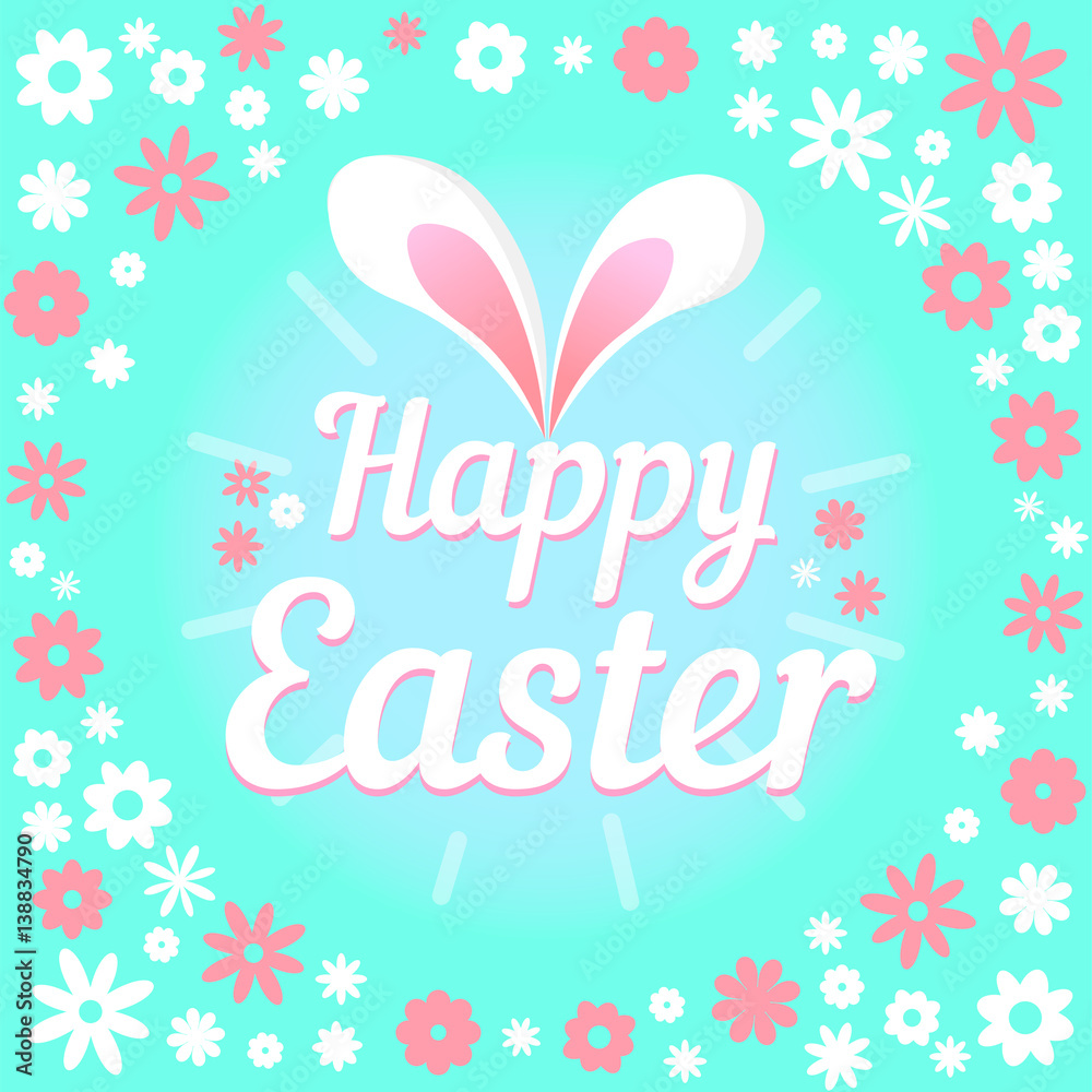 Colorful illustration with the title Happy Easter and flowers.