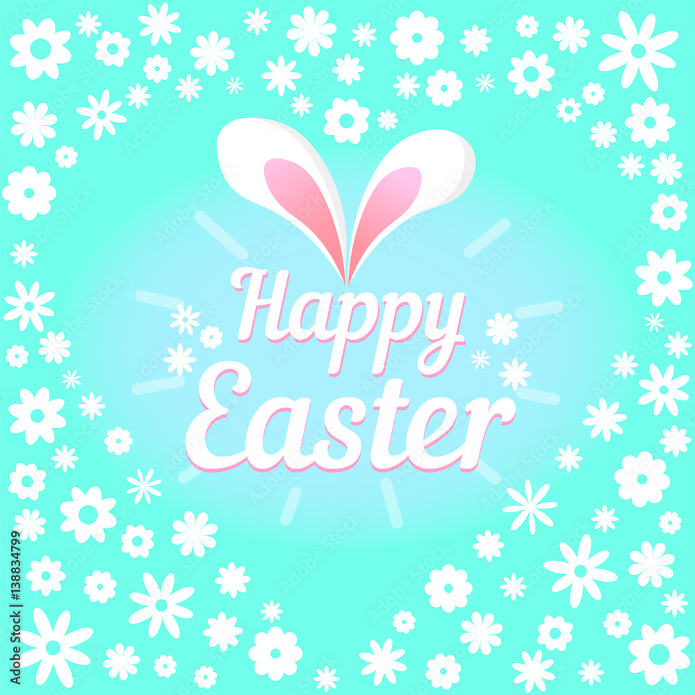 Colorful illustration with the title Happy Easter and flowers.