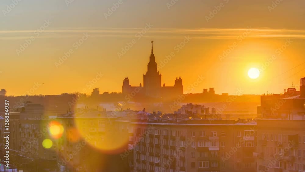 Sunset Moscow State University in winter timelapse