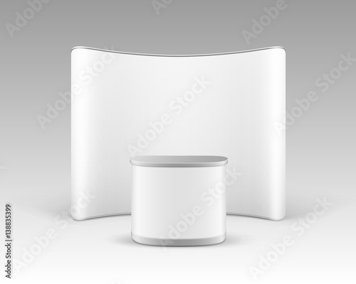 Vector White Blank Trade Exhibition Pop Up Stand for Presentation with Promotion Counter Table Isolated on White Background