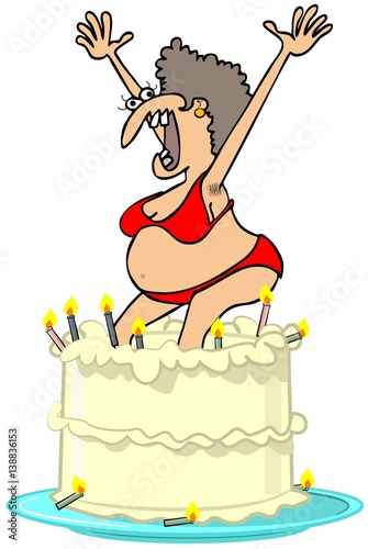 Illustration of a homely girl in a bikini jumping out of a cake.